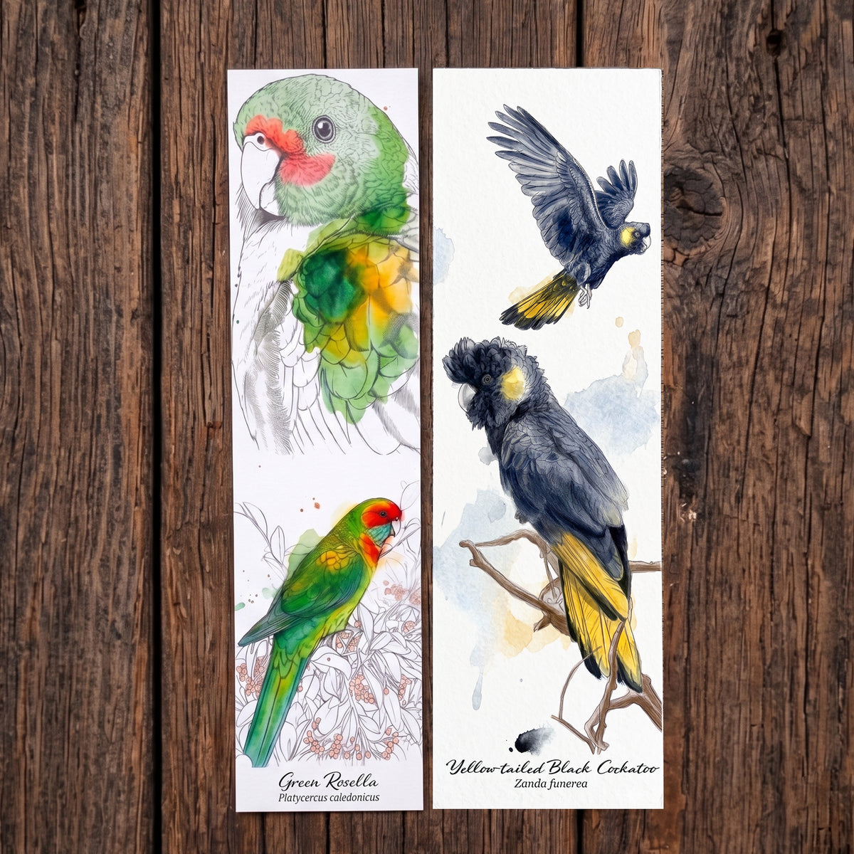 DIY watercolour bookmark kit featuring Green Rosella and Yellow-tailed Black Cockatoo designs