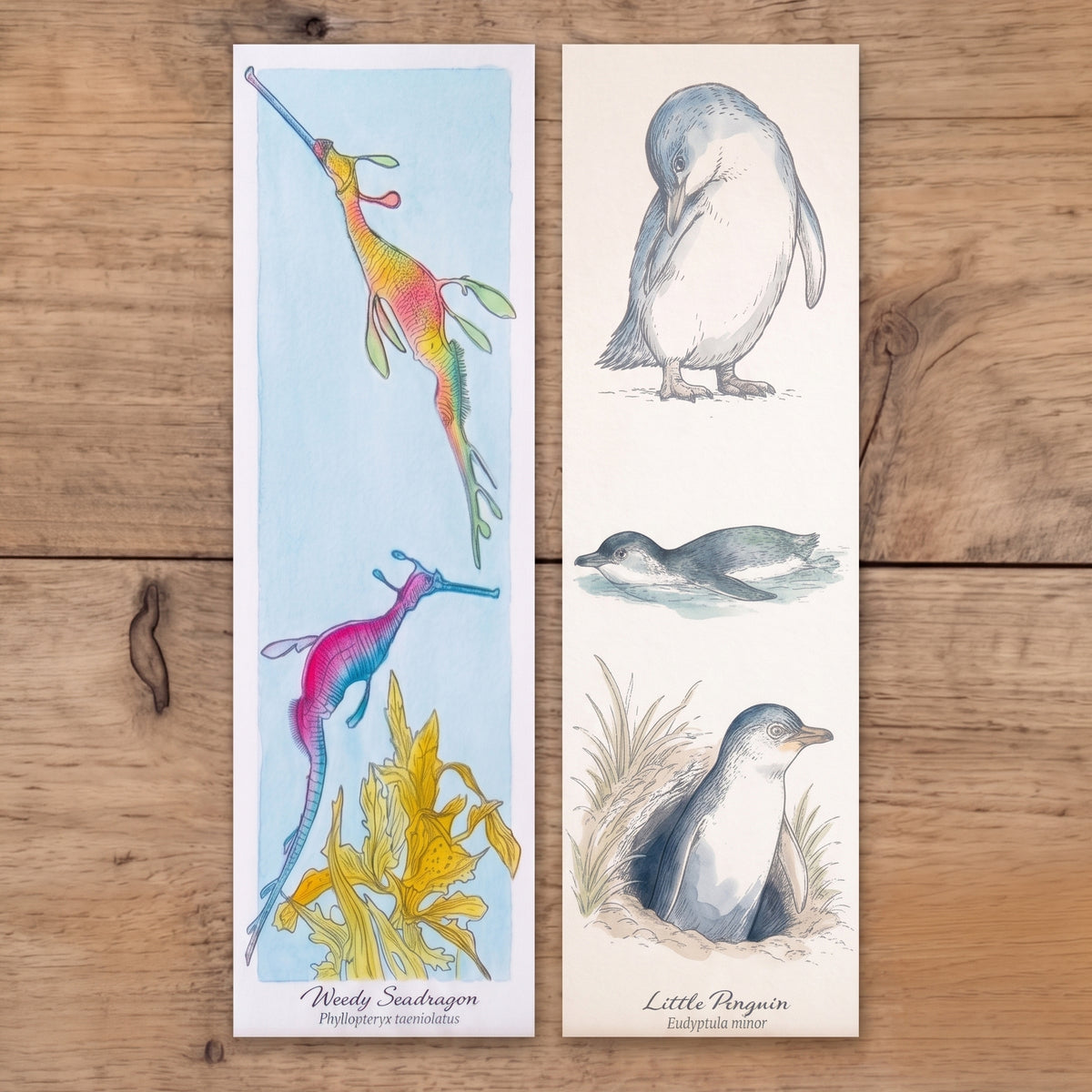 Tasmanian Coast DIy Watercolour Bookmark Kit with a Little Penguin and Weedy Seadragon