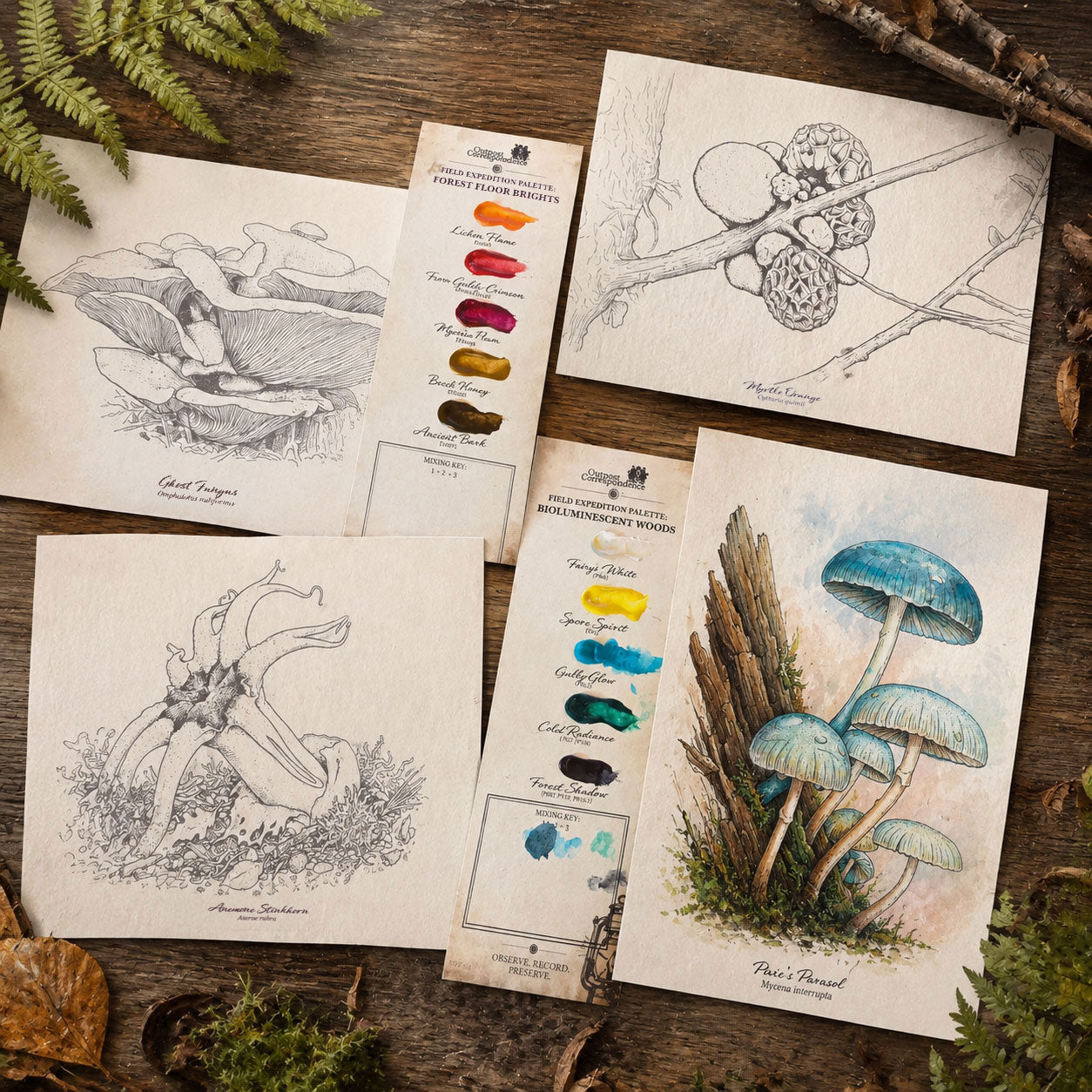 DIY Watercolour Postcard Kit – Tasmanian Fungi Vol. 1 (Ghost Fungus, Pixie's Parasol, Myrtle Orange & Anenome Stinkhorn)
