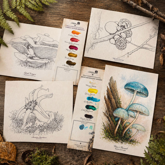 DIY Watercolour Postcard Kit – Tasmanian Fungi Vol. 1 (Ghost Fungus, Pixie's Parasol, Myrtle Orange & Anenome Stinkhorn)