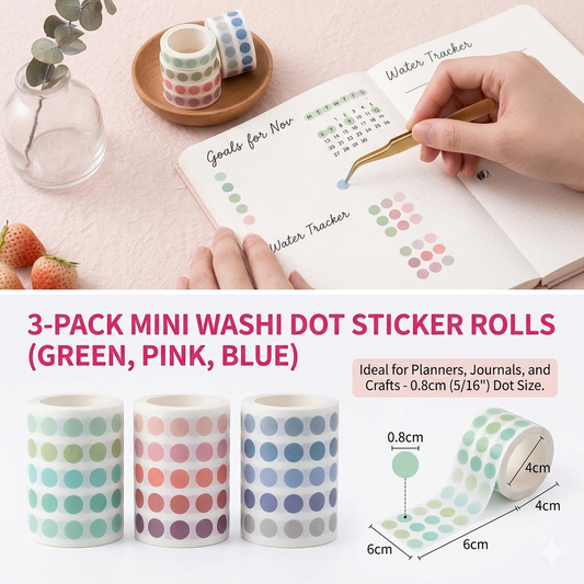 Mini Washi Dot Sticker Rolls – 8mm Translucent Pastel Circle Tape for Bullet Journals, Planners, and Scrapbooking (Pink, Blue, Green)