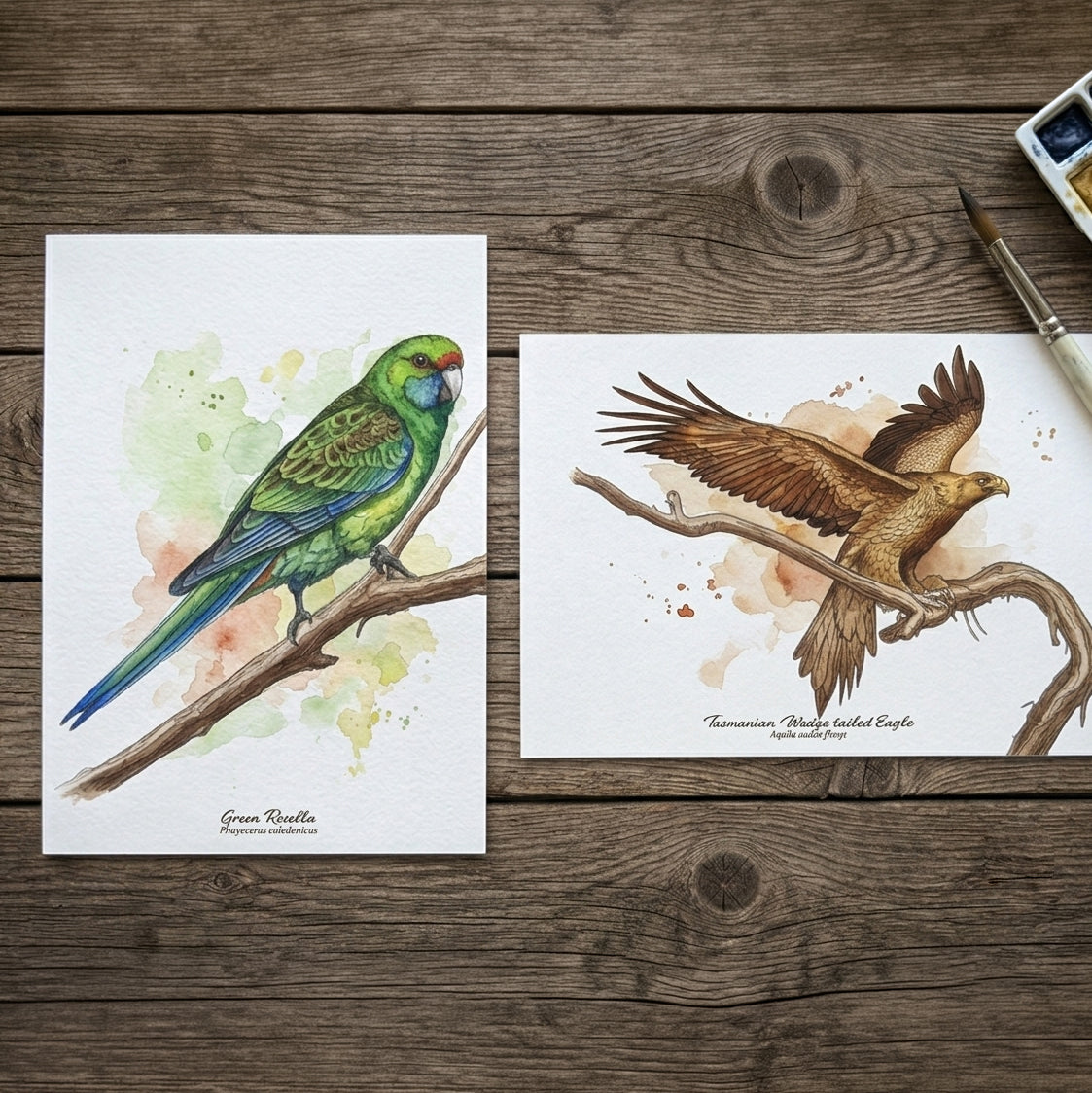 Four illustrated Tasmanian bird postcards featuring a Green Rosella, Yellow Wattlebird, Forty-spotted Pardalote and Tasmanian Wedge-tailed Eagle