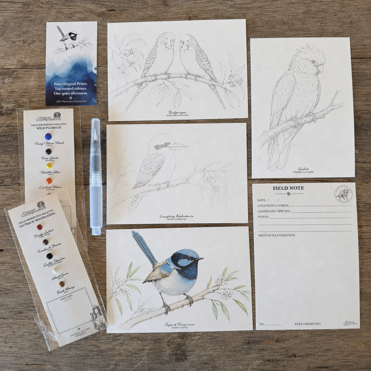 DIY Watercolour Bird Postcard Kit | Fairy Wren, Galah, Kookaburrah