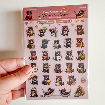 Cute Cosy Tasmanian Devil Sticker Sheet | Australian Animal Vinyl Sticker Sheet